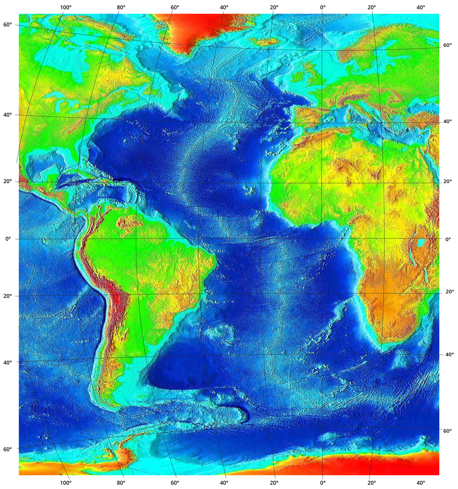 Mapa Oceanu Atlantyckiego oraz kontynentów leżących wzdłuż jego wybrzeży. Tereny nad poziomem morza wraz ze wzrostem wysokości oznaczono kolorami od zielonego, przez żółty, pomarańczowy, czerwony do brązowego. Tereny poniżej poziomu morza oznaczono kolorami wraz ze wzrostem głębokości kolejno od jasnoturkusowego, przez niebieski do granatowego. Pośrodku Oceanu Atlantyckiego, równolegle do jego zachodniego i wschodniego wybrzeża, znajduje się Grzbiet Śródatlantycki, na mapie przedstawiony jasnym, turkusowym kolorem jako obszar o mniejszej głębokości niż tereny oceanu położone względem niego na zachód i na wschód (oznaczone ciemniejszym, niebieskim kolorem).