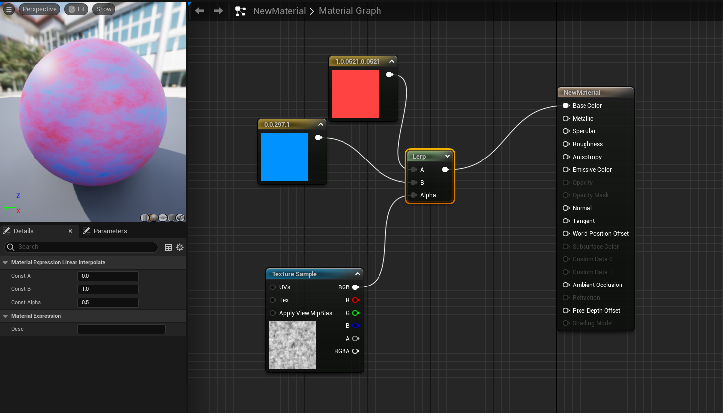 Ilustracja przedstawia okno programu. Po lewej stronie jest obrazek kuli w kolorach niebieskim z różowymi mazami. Po prawej stronie sekcje z czerwonym i niebieskim kwadratem, sekcja o nazwie Texture Sample, Lerp. Pomiędzy sekcjami linie, które je łączą. Od Lerp linia biegnie do NewMaterial i opcji Base Color.  Poniżej liczne kwadraty w różnych kolorach. 