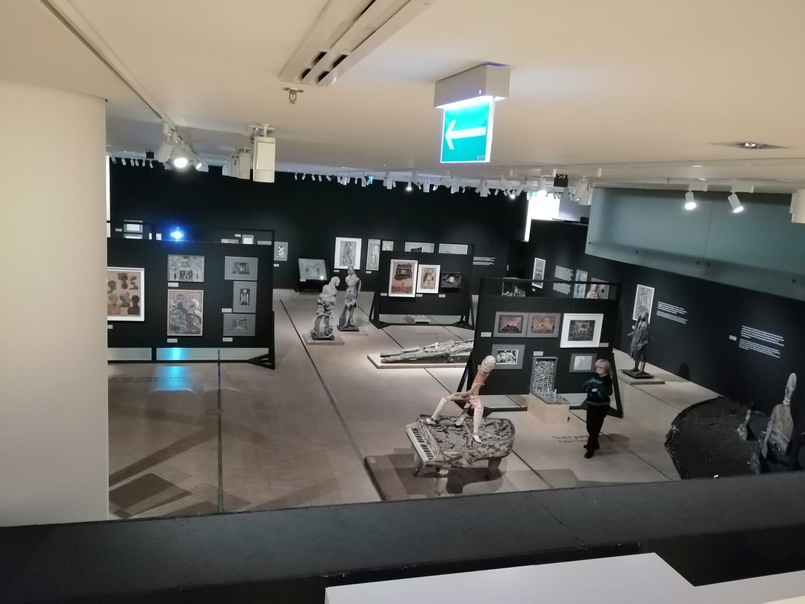 Fotografia ukazuje z góry wnętrze galerii sztuki. Na bardzo ciemnych ścianach wiszą jasne obrazy, wolną przestrzeń wypełniają ustawione na podłodze instalacje i rzeźby. U sufitu zostały podwieszone reflektorki, oświetlające eksponaty oraz tabliczka ze strzałką pokazująca drogę ewakuacji.