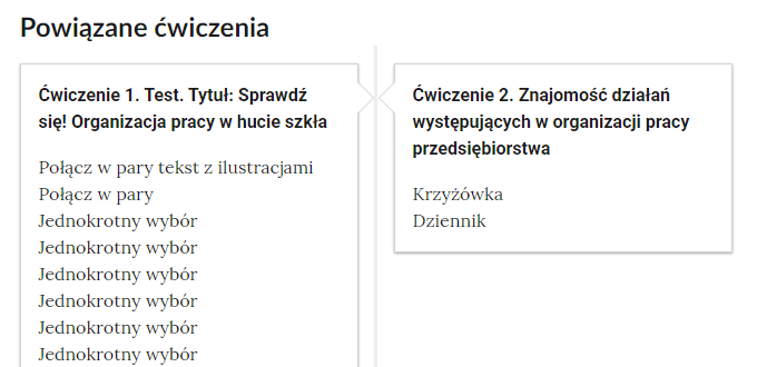 Zrzut ekranu przedstawiający nawigację po ćwiczeniach lekcji. W okienku zatytułowanym Ćwiczenie 1, Test, Tytuł: Sprawdź się! Organizacja pracy w hucie szkła, wymieniono rodzaje ćwiczeń, są to ćwiczenia typu połącz w pary tekst z ilustracjami, połącz w pary, jednokrotny wybór. W okienku zatytułowanym Ćwiczenie 2, Znajomość działań występujących w organizacji pracy przedsiębiorstwa wymieniono rodzaje ćwiczeń, są to: krzyżówka i dziennik.