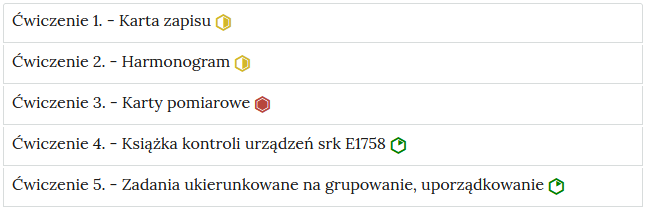 Zrzut ekranu przedstawia przykładowy wygląd zakładek z interaktywnymi materiałami sprawdzającymi. Widoczne jest pięć zakładek z ćwiczeniami, na każdej zakładce jest numer ćwiczenia i jego tytuł. Po tytule widać symbol poziomu trudności danego ćwiczenia. Przykład tekstu na pasku zakładki. Ćwiczenie 1 myślnik karta zapisu