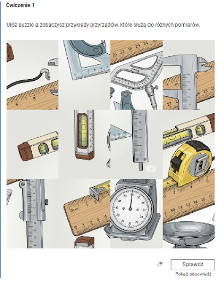Ilustracja ćwiczenia puzzle (Ćwiczenie 1: Ułóż puzzle a zobaczysz przykłady przyrządów, które służą do różnych pomiarów). Widok podzielonych kwadratów obrazka.