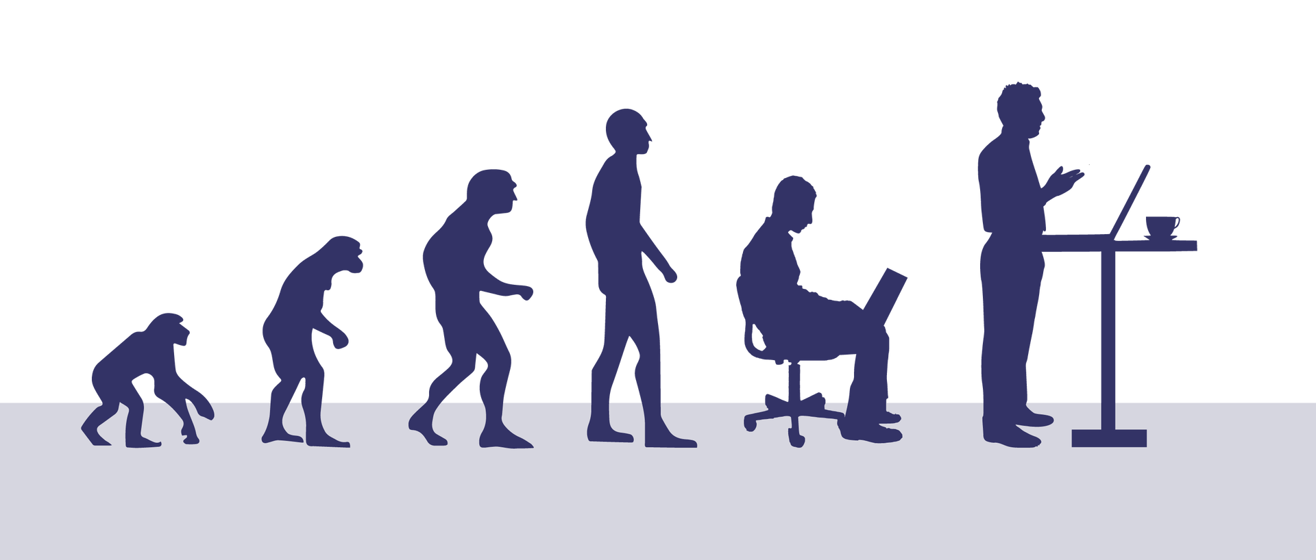 Ilustracja przedstawia sylwetki od małpy do człowieka. Następnie do człowieka siedzącego z laptopem na kolanach. Ostatnim ogniwem jest człowiek stojący przy pulpicie, na którym stoi laptop i filiżanka. 