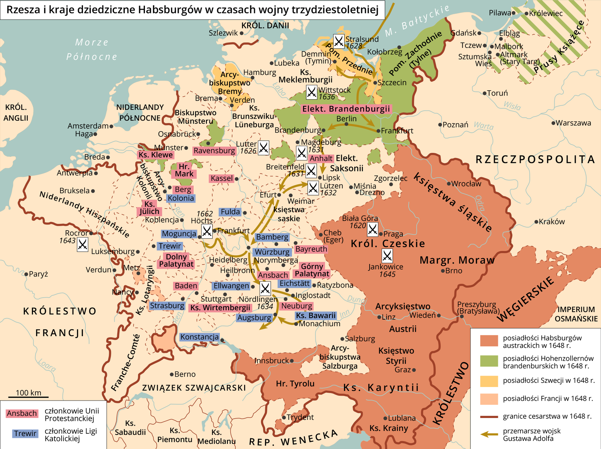 Mapa przedstawia Rzeszę i kraje dziedziczne Habsburgów w czasach wojny trzydziestoletniej. Posiadłości Habsburgów austriackich w 1643 roku to Księstwa Śląskie, Królestwo Czeskie, Morawy, Królestwo Węgierskie, Arcyksięstwo Austrii, Księstwo Styrii, Księstwo Karyntii, Księstwo Krainy, Hrabstwo Tyrolu. Posiadłości Hohenzollernów brandenburskich w 1648 roku to Pomorze Zachodnie inaczej Tylne. Posiadłości Szwecji w 1648 roku to Arcybiskupstwo Bremy oraz Pomorze Przednie. Posiadłości Francji w 1648 roku obejmowały kawałek południowo wschodniej Francji. Granice cesarstwa w 1648 roku obejmowały Niderlandy Hiszpańskie, Księstwo Lotaryngii, Franche-Comte, Hrabstwo Tyrolu, Księstwo Karyntii, Księstwo Krainy, Księstwo Styrii, Arcyksięstwo Austrii, Królestwo Czeskie, księstwa śląskie, Elektorat Saksonii, Elektorat Brandenburgii, Pomorze Zachodnie, Księstwo Meklemburgii. Przemarsze wojsk Gustawa Adolfa odbywały się od Morza Bałtyckiego przez Pomorze Przednie ze Szczecinem, Frankfurt, Berlin, Brandenburg, Lipsk, Erfurt, Wurzburg, Moguncję, Ingolstadt, Monachium, Augsburg. Członkowie Unii Protestanckiej to Księstwo Wirtembergii, Baden, Dolny Palatynat, Księstwo Julich, Berg, Księstwo Klewe, Hrabstwo Mark, Ravensburg, Kassel, Anhalt, Górny Palatynat, Ansbach, Neuburg. Członkowie Ligii Katolickiej to Trewir, Moguncja, Kolonia, Fulda, Bamberg, Wurzburg, Księstwo Bawarii, Augsburg, Konstancja, Ellwangen, Strasburg.