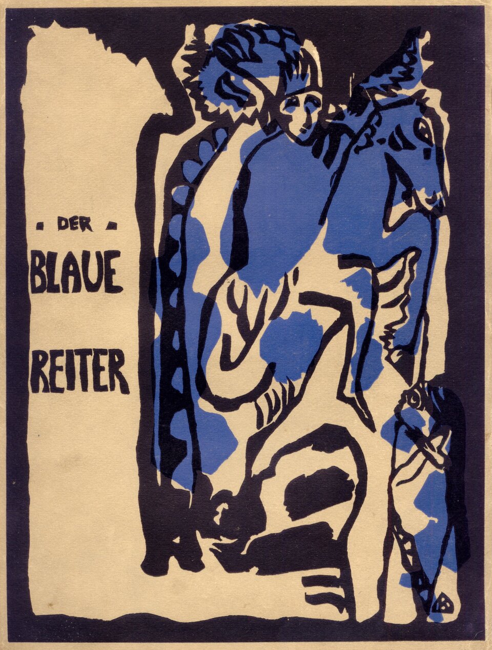 Ilustracja przedstawia okładkę Almanach der Blaue Reiter. Na beżowym tle, w czarnej ramce mieści się tytuł oraz niebiesko czarna grafika. Grafika przedstawia zarys jeźdźca na koniu.