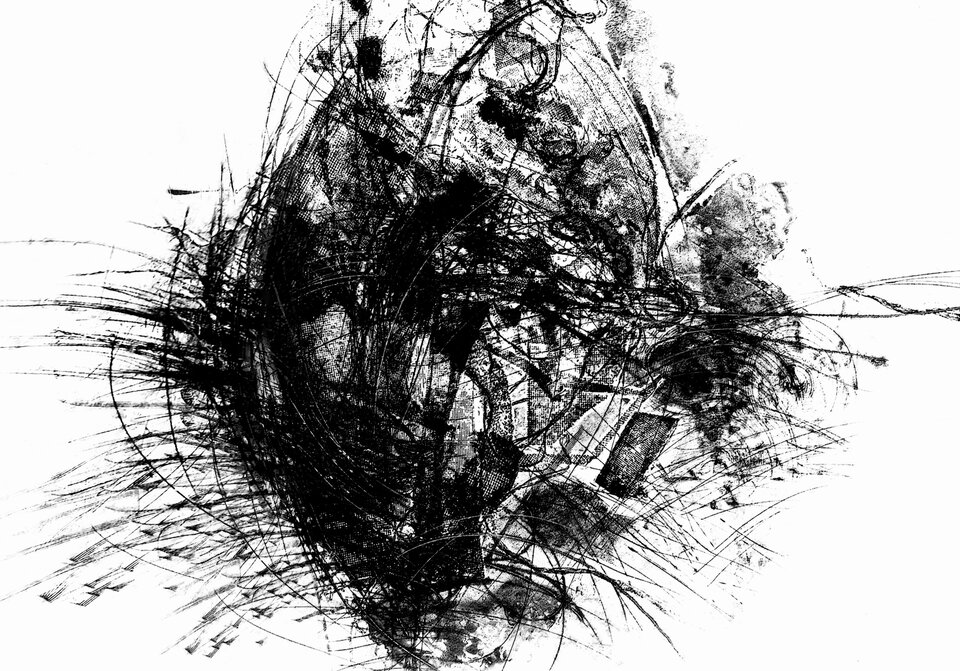 Ilustracja przedstawia suchoryt Marka Zajki "Dziwne stany pana Macieja". Ukazuje głowę mężczyzny patrzącą w dół. Czytelność przedstawienia głowy zaburzona jest poprzez wprowadzenie licznych linii i plam, które przysłaniają twarz. Linie prowadzone są w różnych kierunkach, krzyżują się pod różnymi kątami, są przerywane.