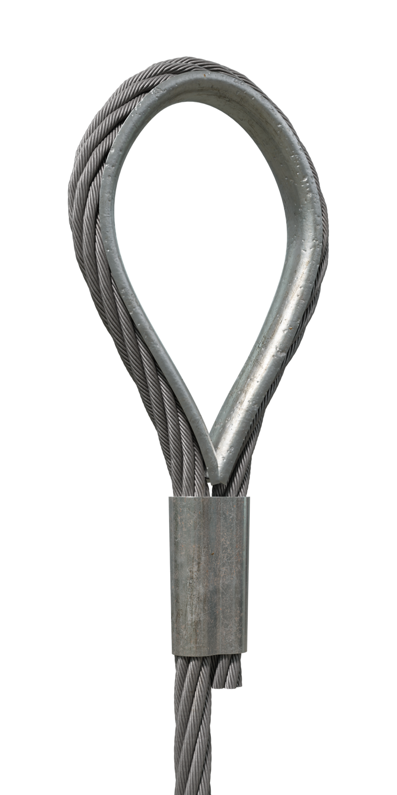 Na zdjęciu przedstawione jest zawiesie linowe bez kauszy.Podstawą zawiesia jest stalowa lina. Splotki liny nachodzą na siebie tworząc strukturę zbliżoną do warkocza. Na dole lina, zakręca tworząc pętle. Końcówka liny jest spięta z główną części liny w okolicach początku pętli stalową obejmą przypominającą ósemkę. Lina formująca, oczko w pętli przylega do kauszy czyli kształtki metalowej zbliżonej kształtem do łzy. Powierzchnia kauszy jest gładka.