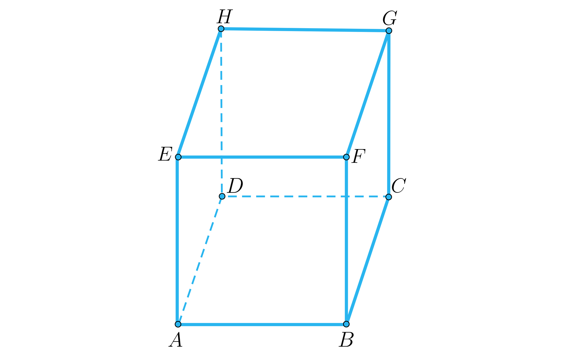 Ilustracja przestawia sześcian o wierzchołkach dolnej podstawy A B C D i wierzchołkach górnej podstawy E F G  H.
