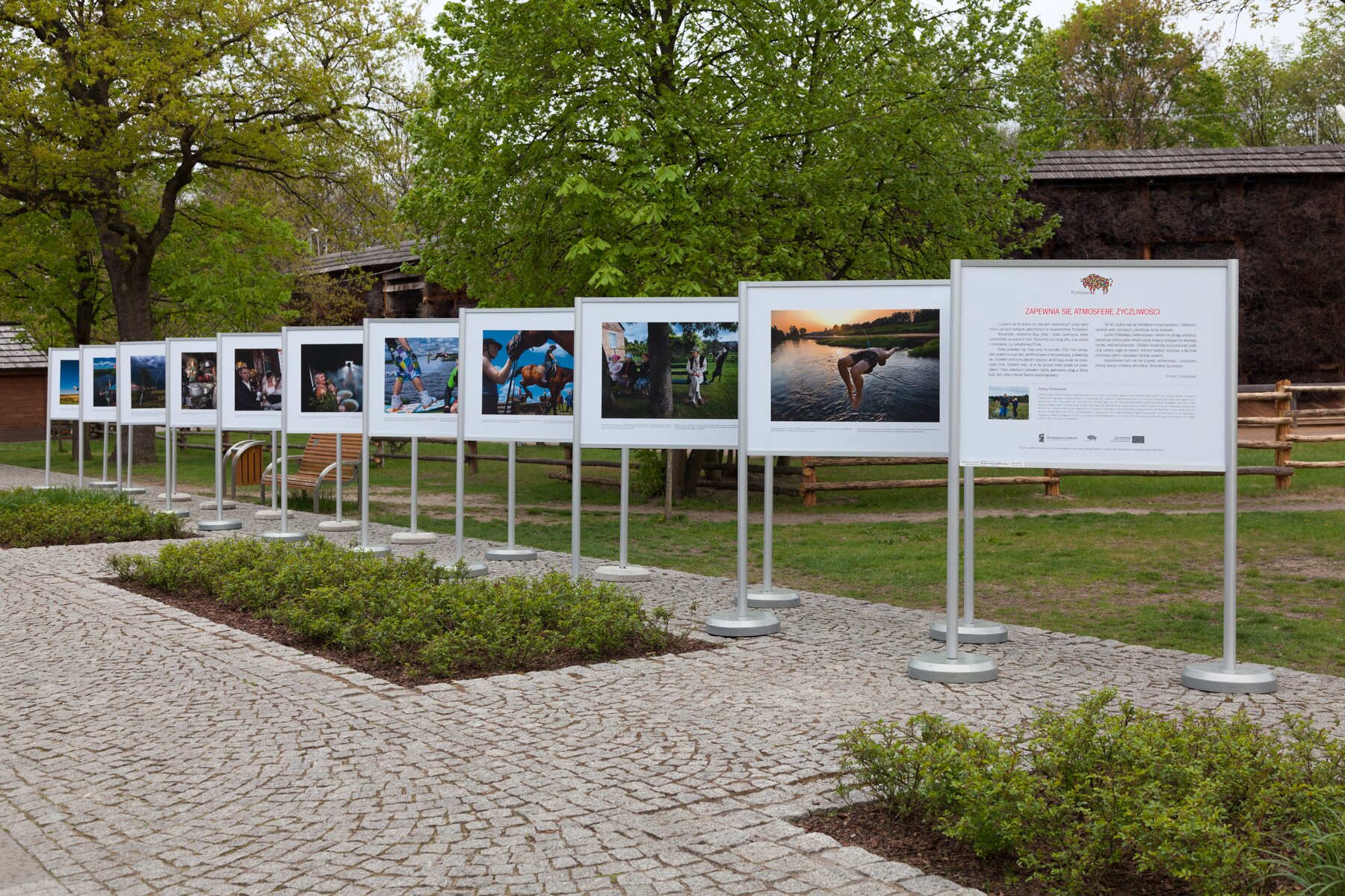 Zdjęcie przedstawia fotografie, a każda z nich znajduje się na białym tle i stoi na dwóch nóżkach. Na jednej z fotografii znajduje się kobieta skacząca do wody, na innej jazda konna, na kolejnej osoby siedzące na ławce wśród drzew. Wystawę ustawiono na kostce brukowej, a dalej rośnie trawa i drzewa.