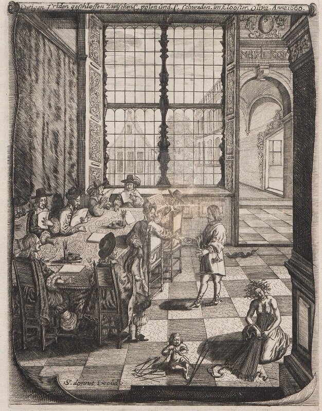 Ilustracja przedstawia kilkunastu mężczyzn zasiadających przy długim stole. Każdy z nich trzyma w ręku kartkę, część coś na niej podpisuje. Mężczyźni ubrani są w wysokie czarne kapelusze z szerokim rondem. W rogu po prawej stronie na podłodze siedzi postać kobiety z zmierzwionymi włosami. Ma nagie piersi, a w ręku kilkadziesiąt strzał. Obok niej mały, nagi chłopczyk łamie po kolei każdą z tych strzał. 