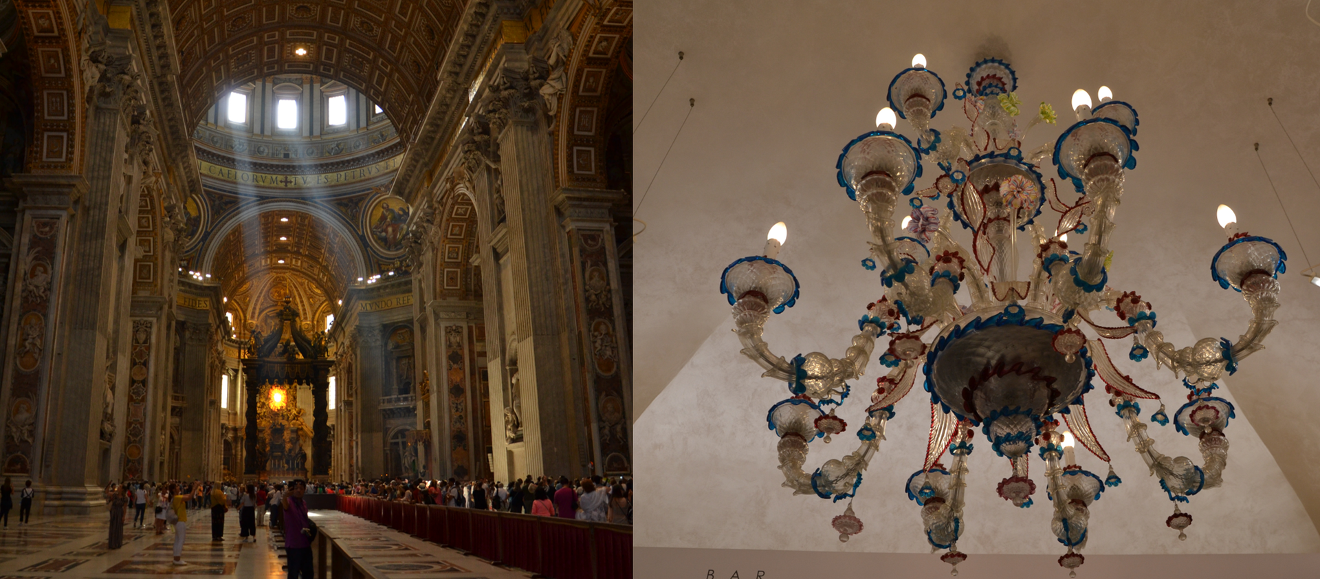 Ilustracja składa się z dwóch fotografii połączonych poziomo ze sobą. Na fotografii z lewej strony znajduje się wnętrze obiektu sakralnego: bazyliki św. Piotra w Rzymie. Widok obejmuje wysoką nawę z konfesją nad grobem św. Piotra, poświatę z okien w kopule oraz wiele postaci. Na ilustracji po prawej – znajduje się żyrandol z kolorowego szkła, wiszący na suficie.
