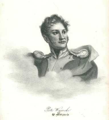 Ilustracja przedstawia portret młodego mężczyzny. Ma krótkie, gęste włosy i długie baki. Mężczyzna ubrany jest w wojskowy mundur. Mundur ma wysoką stójkę. Na ramionach w mundurze są przyszyte okrągłe epolety. 