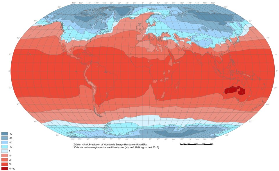 Mapa świata przedstawia rozkład izoterm. Najwyższe wartości około 40 stopni Celsjusza występują w zachodnio centralnej Australii. Najniższe wartości około minus 40 stopni Celsjusza występują w północnej Rosji, Grenlandii, Kanadzie i wschodniej Antarktydzie.