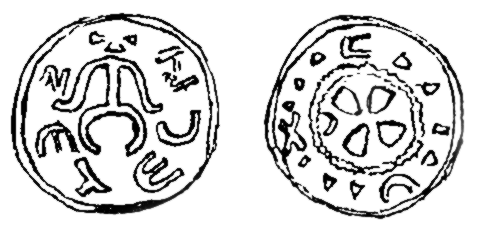 Ilustracja przedstawia monety z około 1000 roku. Mają wygrawerowane wzory oraz litery.