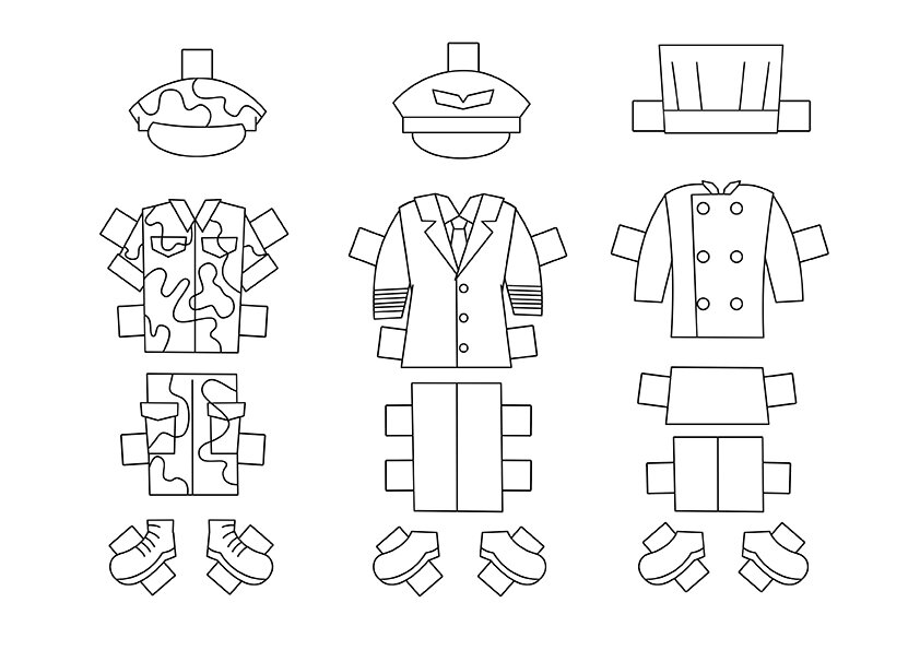 Na tej kartce są rysunki ubrań. Można je wyciąć i nakleić na postać, żeby ją ubrać w różne stroje. Znajdziesz tu mundur dla żołnierza, mundur dla pilota oraz strój dla kucharza.