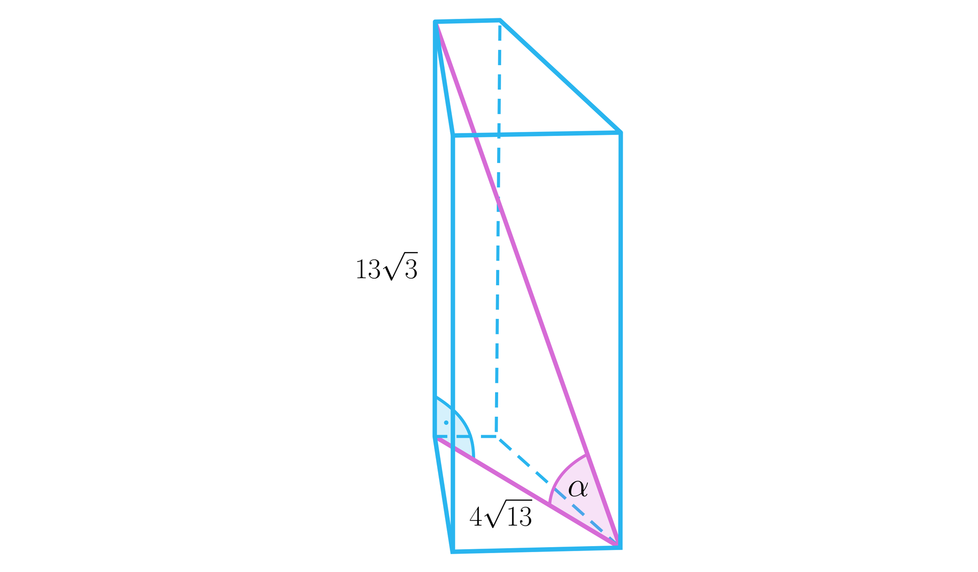Ilustracja przedstawia graniastosłup prosty, którego podstawą jest trapez prostokątny. Krawędź ściany bocznej graniastosłupa ma długość 133. W graniastosłupie zaznaczono jego przekątną, która ma wspólny wierzchołek z przekątną podstawy o długości 413. Kąt pomiędzy przekątnymi podpisano literą alfa.
