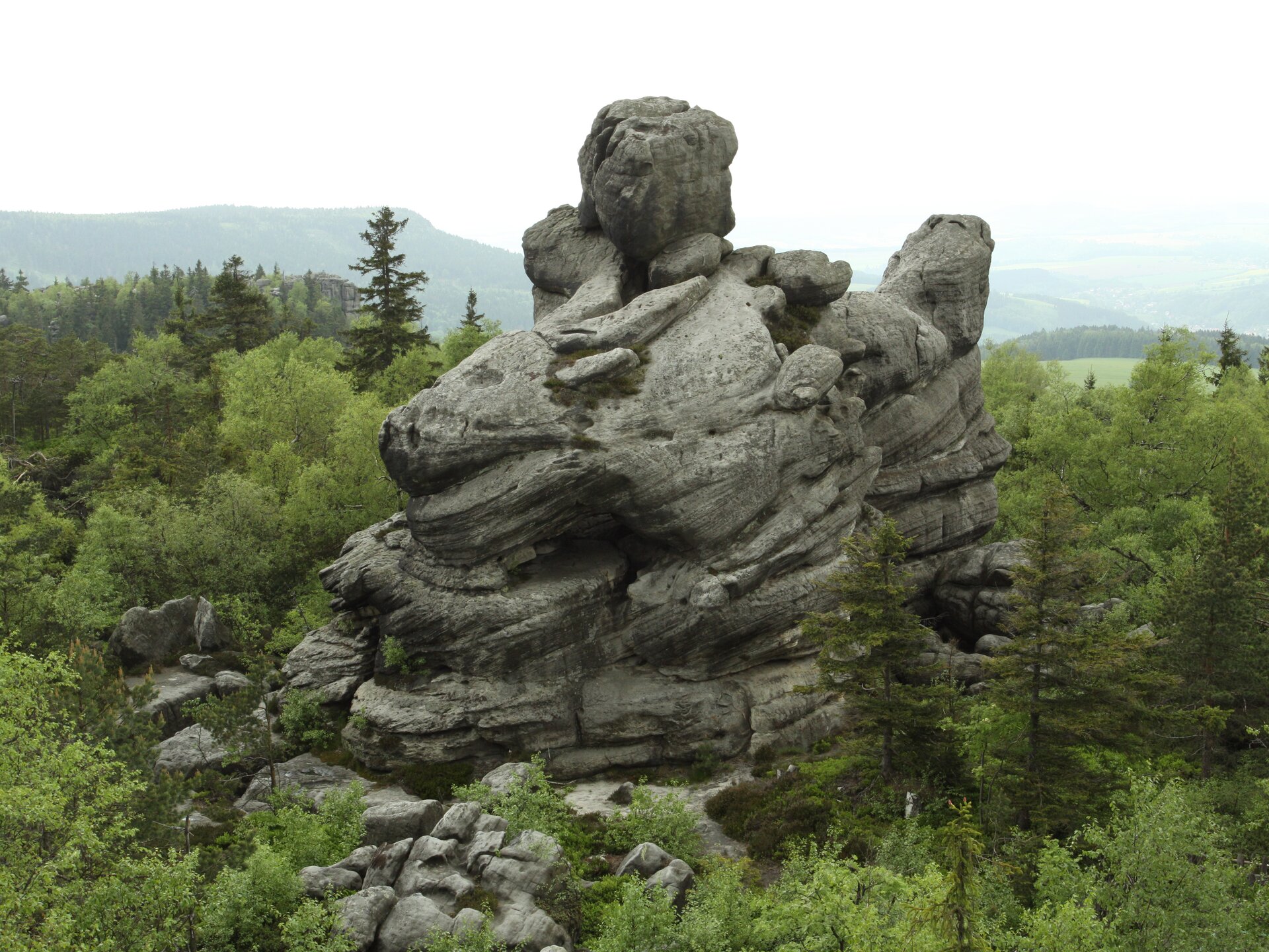 Fotografia prezentuje szare wysokie skały o płaskich wierzchołkach. Skały tworzą nieregularne kształty, które mogą przypominać na przykład zwierzęta.