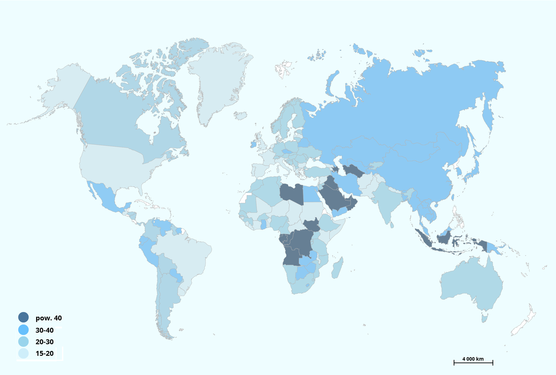 Mapa świata przedstawia udział przemysłu w PKB. Powyżej 40% wystąpiło w Libii, Demokratycznej Republice Konga, Angoli, Arabii Saudyjskiej, Iraku, Indonezji. Od 30 do 40% wystąpiło w Rosji, Chinach, Japonii, Mongolii, Kazachstanie, Iranie, Papui Nowej Gwinei, Malezji, Egipcie, Botswanie, Zimbabwe, Zambii, Meksyku, Peru, Wenezueli. Od 20 do 30% wystąpiło w Kanadzie, Kolumbii, Boliwii, Chile, Argentynie, RPA, Namibii, Nigerii, Mali, Algierii, Maroku, Etiopii, Mozambiku, na Madagaskarze, w Turcji, we wschodniej Europie, w Polsce, Niemczech, w krajach skandynawskich, Indiach, Australii. Od 15 do 20% wystąpiło w USA, Brazylii, zachodniej Europie, Mauretanii, Czadzie, Nigrze, Sudanie, Kenii, Somalii, Afganistanie, Pakistanie.