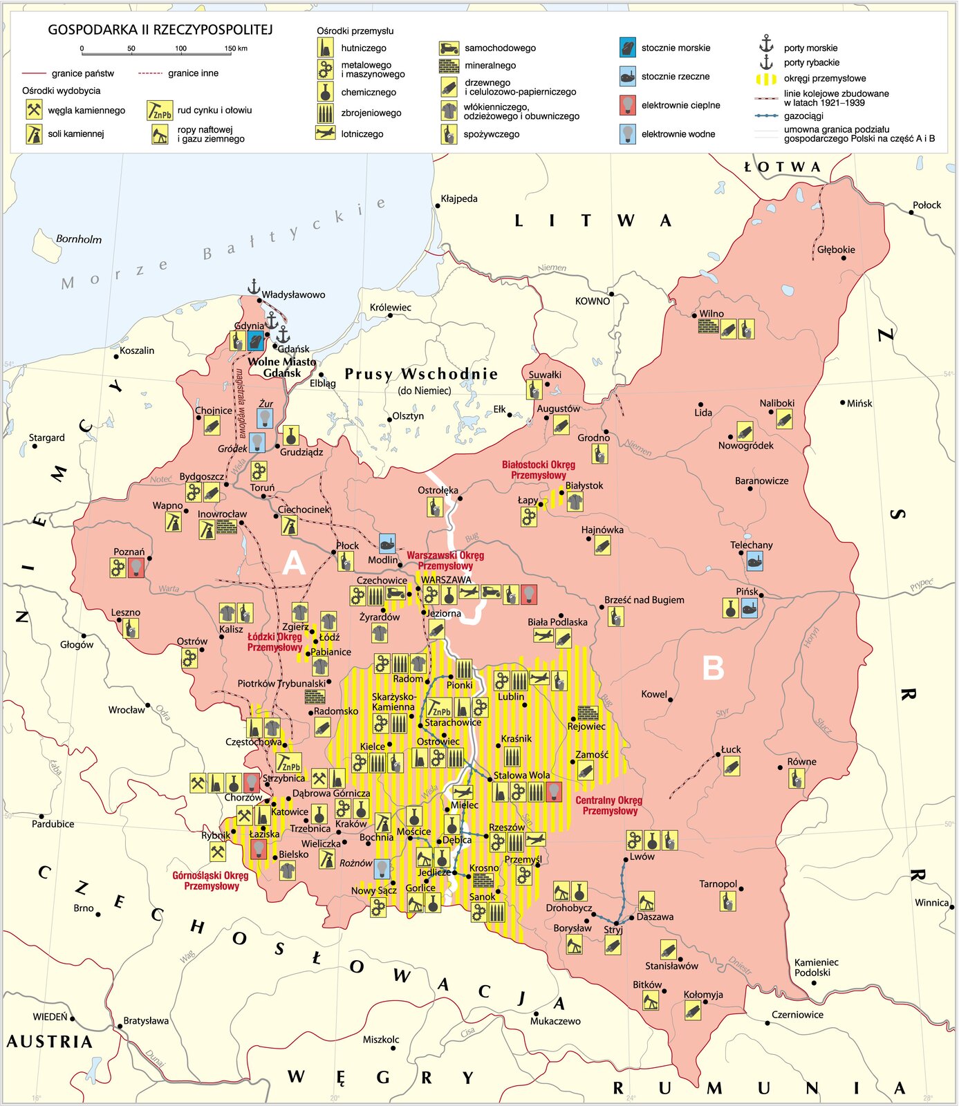 Mapa obrazująca gospodarkę i produkcję II RP.
Na mapie widoczne okręgi przemysłowe. Białostocki: koncentrujący się na przemyśle maszynowym i mtealowym oraz włokienniczym, odzieżowym i obuwniczym.
Łódzki: koncentrujący się na przemyśle włókienniczym, odzieżowym i obuwniczym.
Warszawski: koncentrujący się na przemyśle: koncentrujący się na przemyśle maszynowym i mtealowym, zbrojeniowym, chemicznym, lotniczym, samochodowym i spożywczym.
Górnośląski: koncentrujący się na wydobyciu węgla kamiennego i przemyśle hutniczym.
Centralny: z uwagi na swój rozmiar (obejmował obszary województw: wschodnią część kieleckiego, wschodnią krakowskiego, zachodnią lubelskiego i zachodnią lwowskiego) znajdowały się tam zakłądy wszystkich gałęzi przemysłu. Szczególnie skoncentrowany na tym obszarze był przemysł zbrojeniowy.