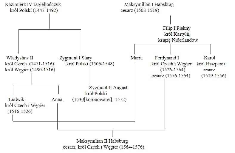 Ilustracja przedstawia tablicę genealogiczną. Kazimierz IV Jagiellończyk, król Polski 1447-1472, dzieci Władysław II (król Czech 1471-1516, król Węgier 1490-1516) oraz Zygmunt I Stary (król Polski 1506-1548). Syn Zygmunta I Starego: Zygmunt II August (król Polski 1530 koronowany do 1572). Władysław II dzieci: syn Ludwik (król Czech i Węgier 1516-1526), córka Anna. Anna ze związku z Ferdynandem I, z dynastii Habsburgów, królem Czech i Węgier 1526-1564, cesarzem 1556-1564, miała syna Maksymiliana II Habsburga cesarza, króla Czech i Węgier 1564-1576.  Po prawej stronie tablicy jest dynastia Habsburgów. Maksymilian I Habsburg cesarz 1508-1519 miał syna Filipa I Pięknego - króla Kastylii, księcia Niderlandów. Potomkowie Filipa: Maria, która poślubiła syna Władysława II - Ludwika, króla Czech i Węgier 1516-1526 z dynastii Jagiellonów, kolejnym potomkiem Filipa był wspomniany już Ferdynand I, mąż Anny - córki Władysława II z dynastii Jagiellonów, oraz Karol - król Hiszpanii, cesarz 1519-1556.    