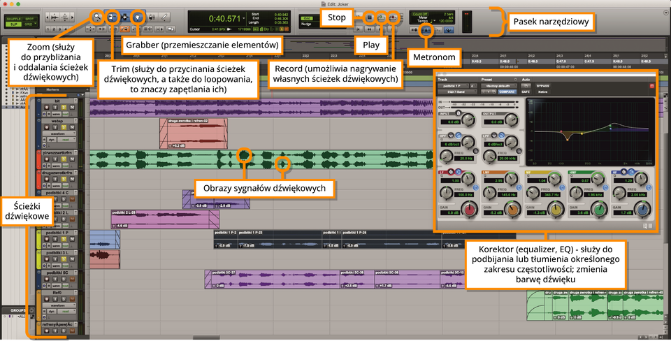Interfejs graficzny programu Pro Tools W górnej części ilustracji jest belka z wieloma elementami funkcyjnymi w tym przyciskami i wyświetlaczami. Główną część stanowi panel pokazujący diagramy z falami muzycznymi. Są rozmieszczone na całym ekranie jedna pod drugą. W prawym rogu dodatkowo widnieje panel z pokrętłami i wykresem.