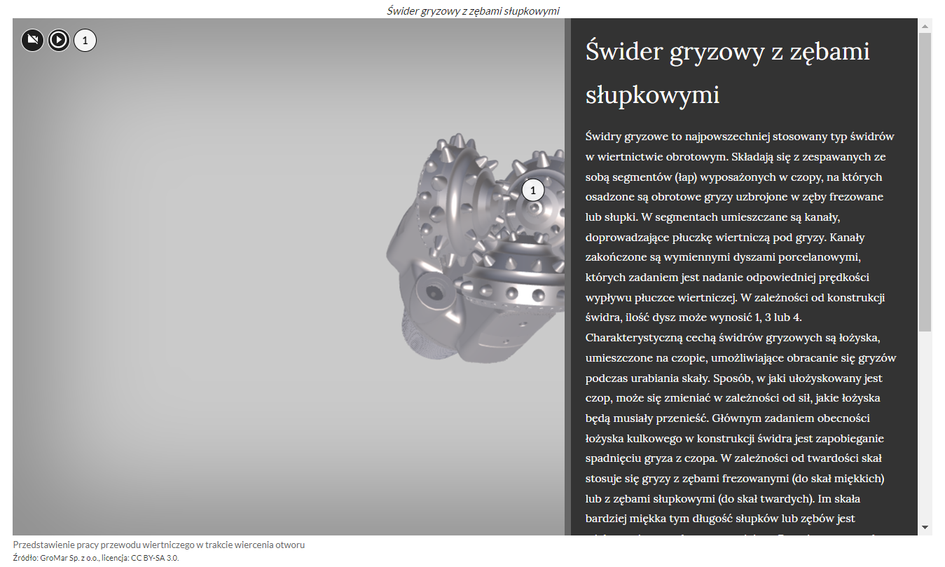 Na zdjęciu widać fragment wygenerowanego modelu z włączonym opisem. Widoczny fragment modelu przedstawia świder gryzowy. Świder zbudowany jest z trzech łap zakończonych cylindrycznymi głowicami. Na całej powierzchni głowic zamontowane są zęby.W górnej części ekranu znajduje się tytuł modelu. Przykładowo: świder gryzowy z zębami słupkowymi. Niżej tytułu widoczny jest modele z opisem.W lewym górnym rogu model umieszczone są symbole przedstawiające: kamerę, trójkąt wpisany w okrąg oraz punktu interaktywnego z cyfrą jeden.Z prawej strony zdjęcia znajduje się  pole pojawiające się po naciśnięciu punktu interaktywnego. W górnej części pola widoczny jest tytuł. Przykładowo: Świder gryzowy z zębami słupkowymi.Poniżej tytułu znajduje się szczegółowy opis punktu. Przykładowy początkowy fragment tekstu: Świdry gryzowe to najpowszechniej stosowany typ świdrów w wiertnictwie obrotowym. 