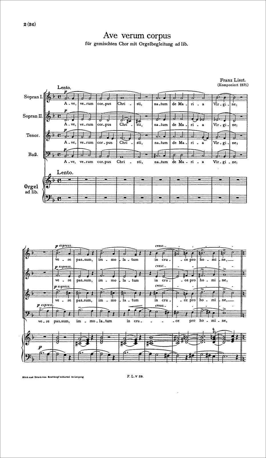 Ilustracja przedstawia zapis nutowy utworu „Ave verum corpus” Franciszka Liszta, który składa się z pięciolinii, na których umieszczone są zapisy określonych znaków muzycznych.