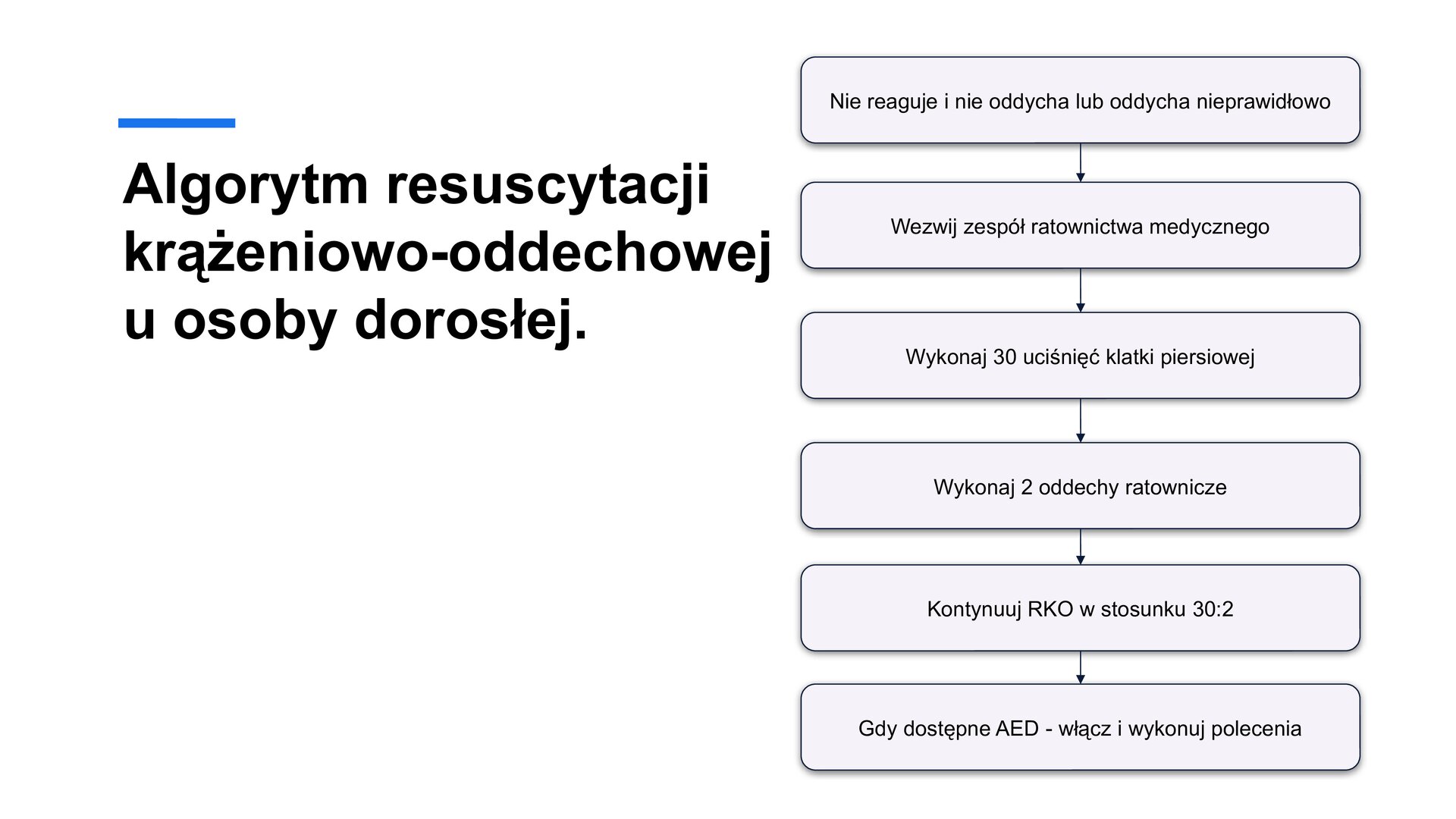 Biały slajd. Z lewej strony tekst: „Algorytm resuscytacji krążeniowo‑oddechowej u osoby dorosłej”. Obok, z prawej strony slajdu, schemat z następującymi po sobie punktami: „Nie reaguje i nie oddycha lub oddycha nieprawidłowo. Wezwij zespół ratownictwa medycznego. Wykonaj 30 uciśnięć klatki piersiowej. Wykonaj 2 oddechy ratownicze. Kontynuuj RKO w stosunku 30:2. Gdy dostępne AED - włącz i wykonuj polecenia”.