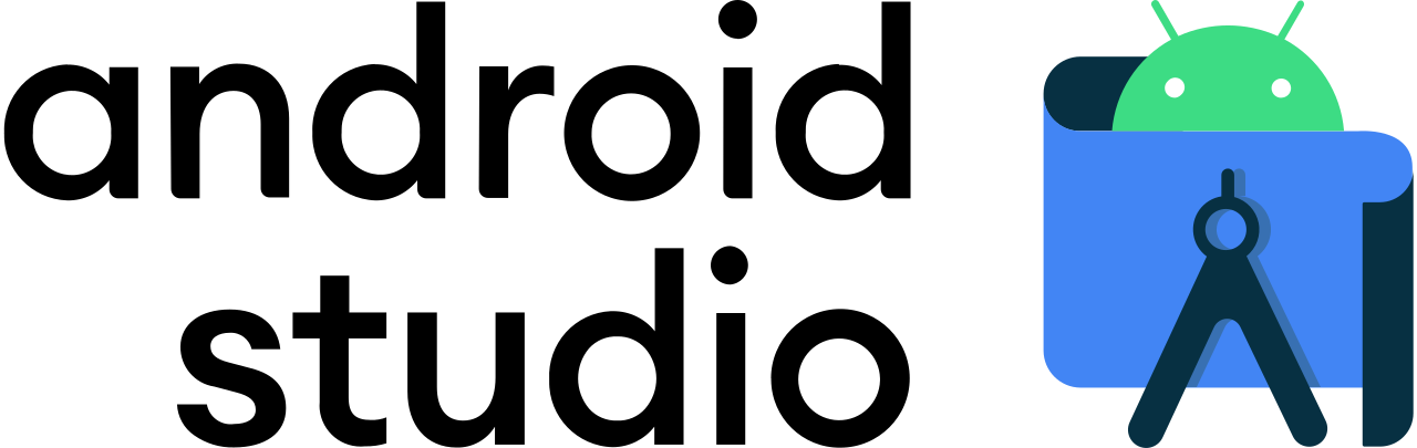 Ilustracja przedstawia logo android studio. Litery czarne, cienkie, lekko rozstrzelone.Obok zielony ludzik androida schowany za kartką papieru i cyrklem.