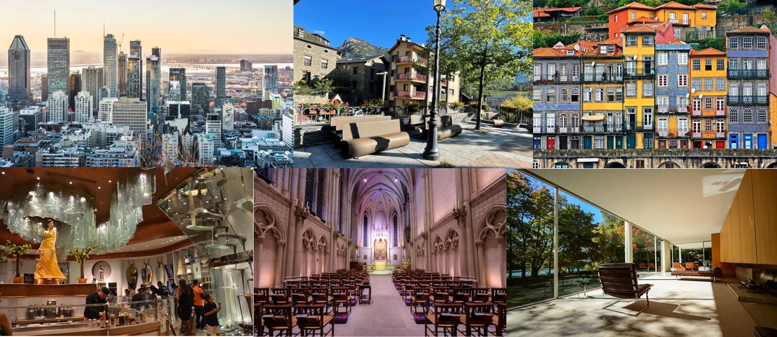 Ilustracja jest fotokolażem składającym się z sześciu fotografii w dwóch rzędach, po trzy ilustracje w każdym. W górnym pasie od lewej: widok na miasto z wieloma, blisko siebie położonymi wieżowcami, w dalekiej perspektywie rzeka. Na zdjęciu środkowym znajduje się widok na niewielki plac miejski z ławkamii latarnią oraz kamienicami wokół. Ilustracji po prawej przedstawia zwartą zabudowę kolorowych fasad kamienic podobnej wysokości. W pasie poniżej zdjęcia przedstawiają wnętrza. Od lewej: wnętrze sklepu z ogromnymi szklanymi żyrandolami w nowoczesnej stylistyce falistej formy oraz wielkimi taflami  luster zawieszonymi pod ostrym kątem w połowie wysokości jednej ze ścian. W lustrzanych odbiciach pojawiają się widoki czekolady spływającej po olbrzymich rozmiarów szklanych pucharach. We wnętrzu znajduje się porcelanowa figura idącej kobiety, w sukience w intensywnym pomarańczowym kolorze. Posąg ponadnaturalnej wysokości stoi na ladzie sklepowej i sięga az do żyrandoli. We wnętrzu znajdują się ludzie. Środkowa ilustracja przedstawia symetryczne wnętrze obiektu sakralnego: jest to nawa główna kościoła, w której po obu stronach stoją w rzędach krzesła. W oddali znajduje się ołtarz. Fotografia po prawej przedstawia fragment wnętrza domu: z jednej strony znajduje się szklana ściana, za którą znajdują się drzewa. Z drugiej strony wnętrza znajduje ściana z meblami. Na środku stoi szeroki fotel.