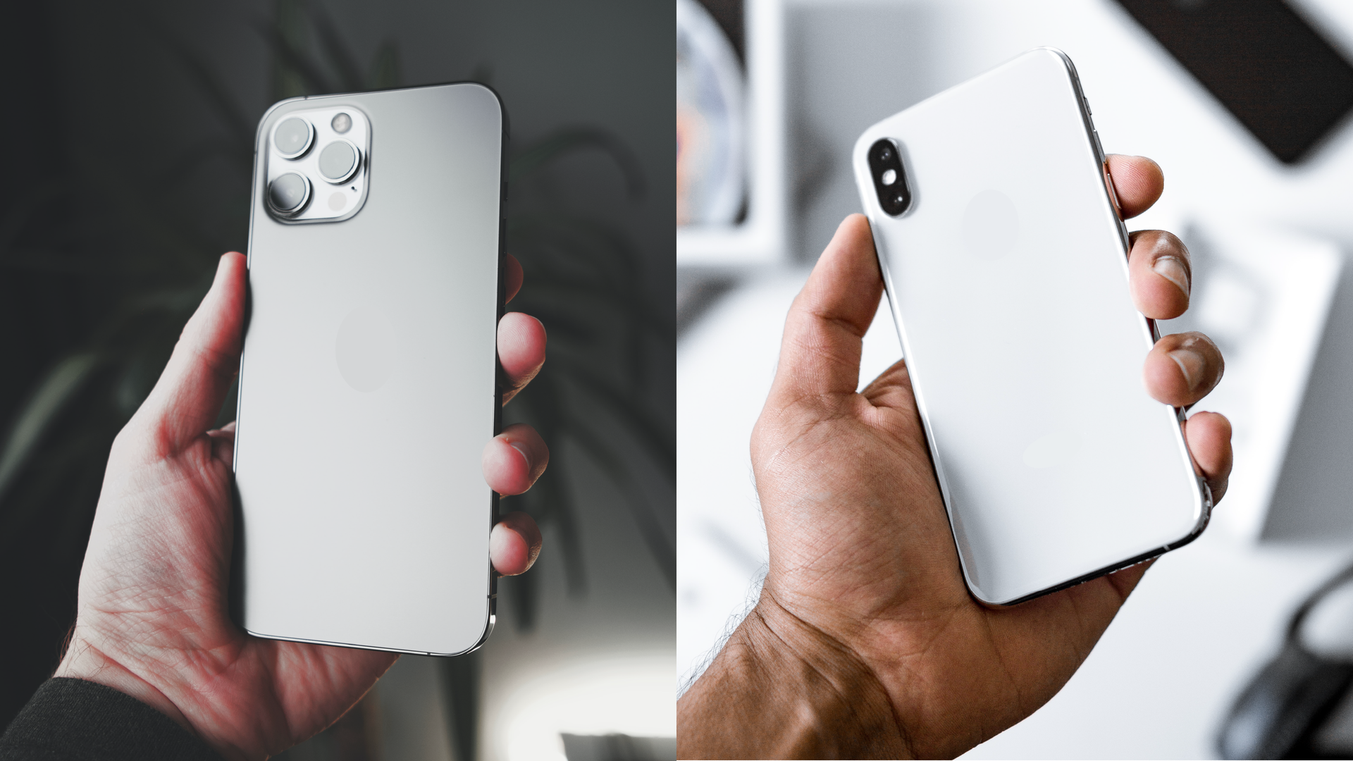 Grafika podzielona jest na dwie równe części. Po lewej stronie pokazany jest nowoczesny smartfon z trzema obiektywami aparatu fotograficznego. Po prawej stronie znajduje się smartfon starszej generacji, tylko z jednym obiektywem aparatu. Oba telefony trzymane są przez mężczyzn.