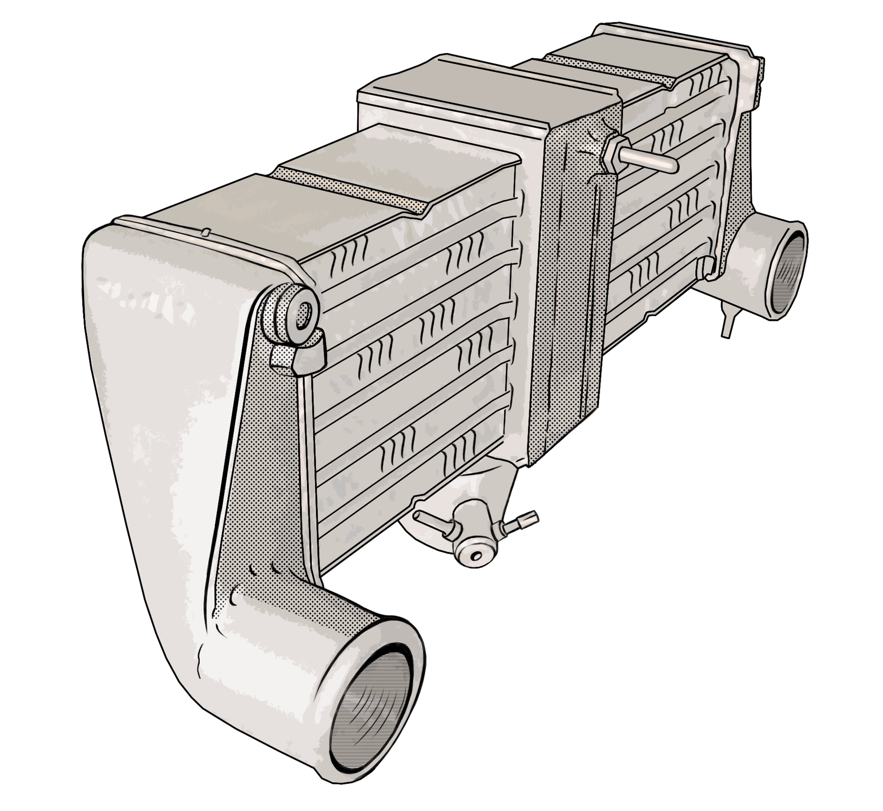 Ilustracja przedstawia intercooler. W kształcie przypomina on graniastosłup o podstawie trapezu prostokątnego, przy czym na obu jego końcach znajdują się szerokie, krótkie rury przeznaczone do wprowadzania i wyprowadzania powietrza. Intercooler ma za zadanie schłodzić rozgrzane powietrze przez turbosprężarkę zanim trafi do silnika. Intercooler w zależności od zastosowanego czynnika chłodzącego może chłodzić zarówno ciecz. 