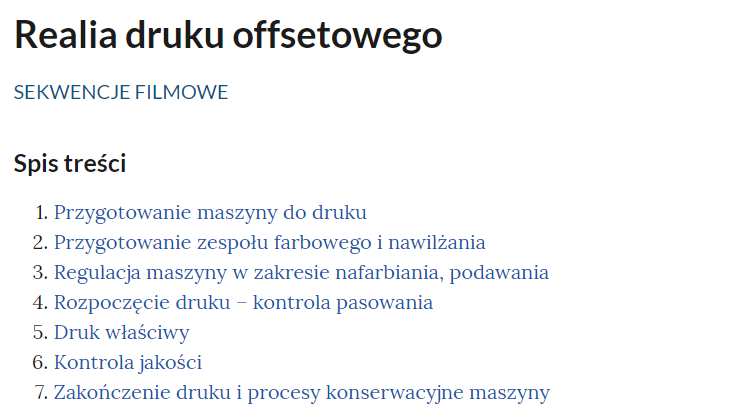 Grafika przedstawia spis treści sekwencji filmowych zatytułowany Realia druku offsetowego.