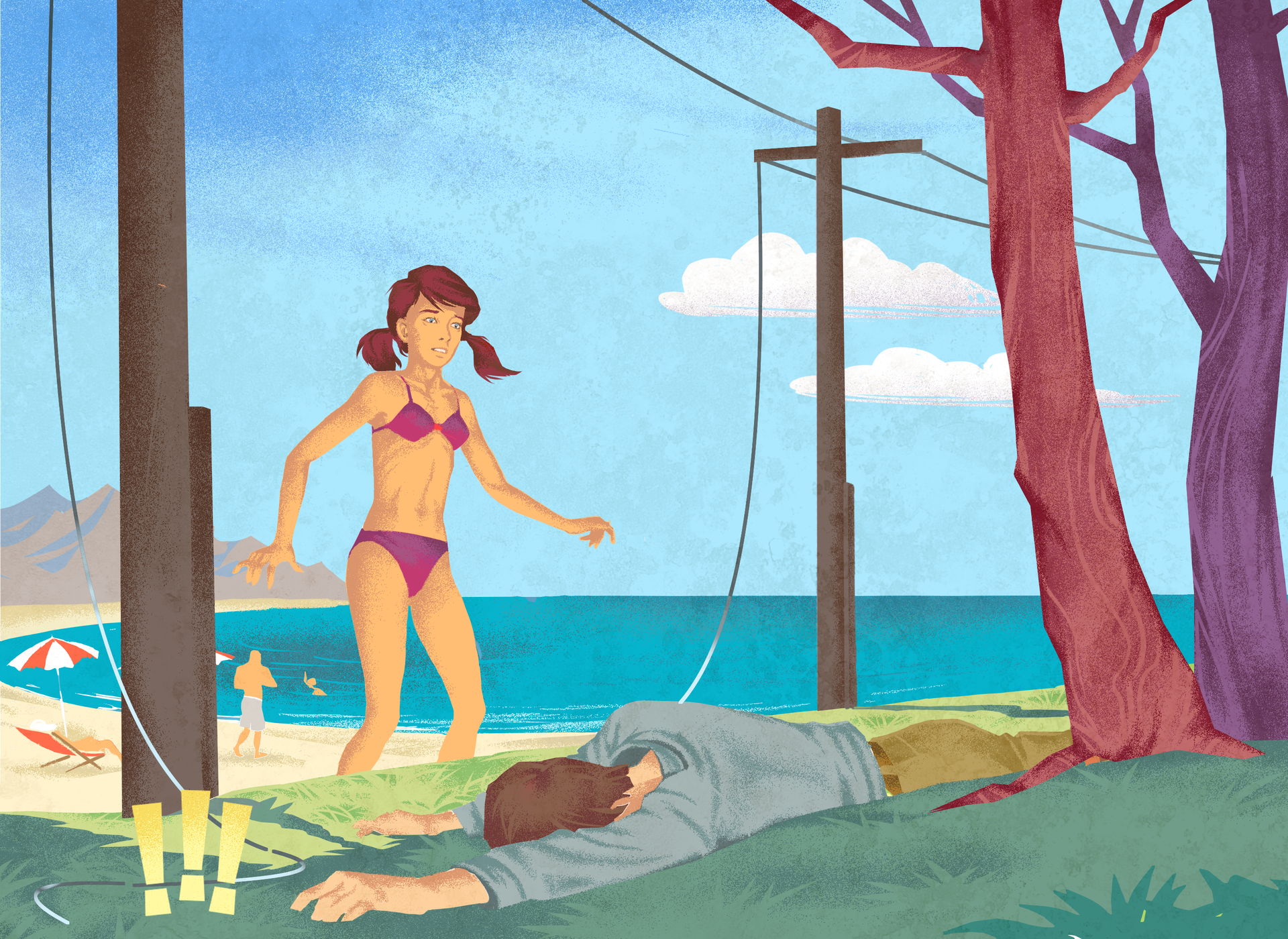 Letni słoneczny dzień. Na pierwszym planie mężczyzna leżący na trawniku, twarzą skierowany do ziemi. Lewa ręka mężczyzny wyprostowana powyżej głowy. Po lewej stronie słupy wysokiego napięcia. Jedna z dwóch linii zerwana. Koniec linii wysokiego napięcia leży obok leżącego mężczyzny. Dziewczyna zbliża się z lewej strony, zauważa nieprzytomnego leżącego mężczyznę. W głębi, za dziewczyną, plaża, morze i szczyty gór.