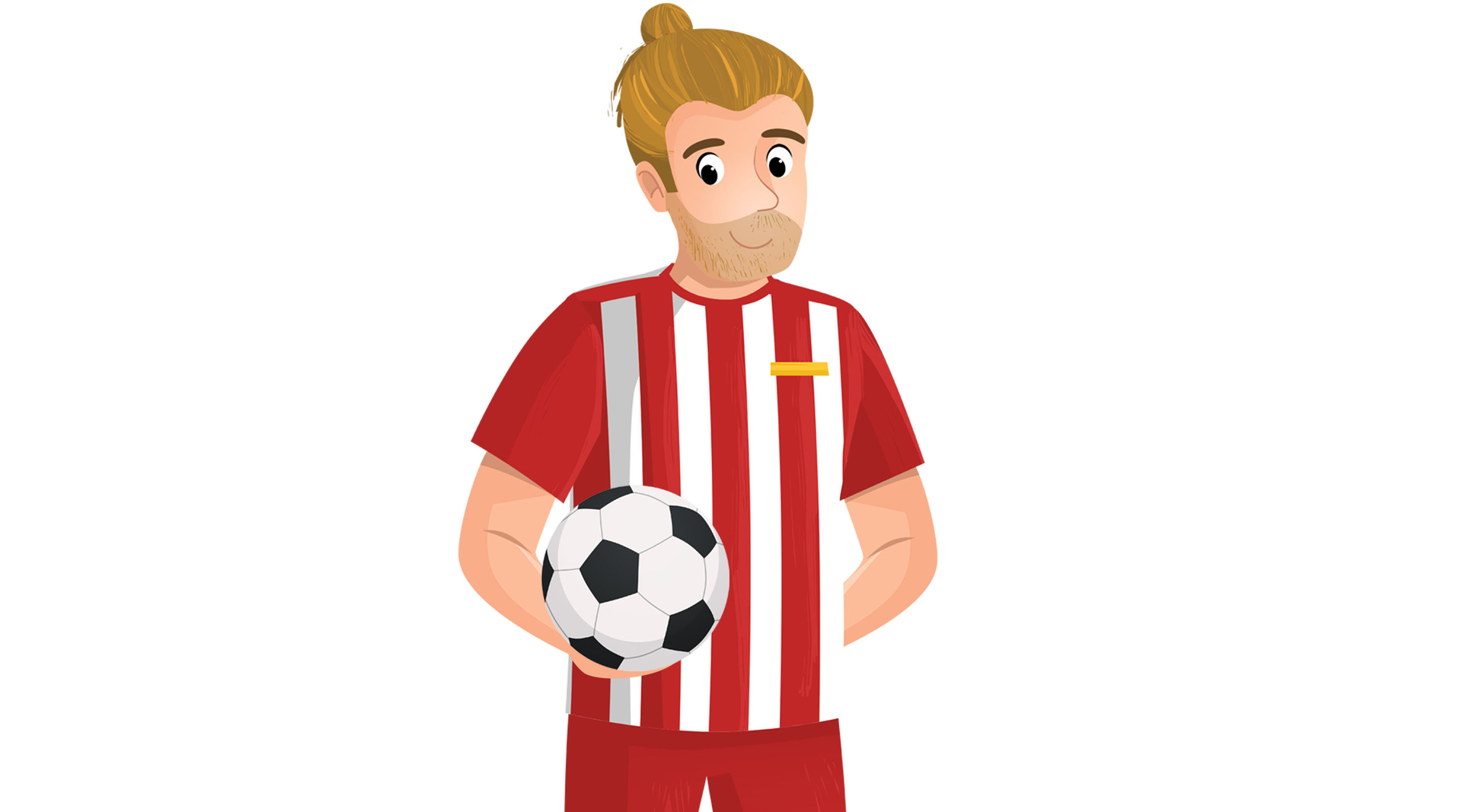 Ilustracja przedstawia piłkarza w pasiastej koszulce, którzy trzyma w ręce piłkę.