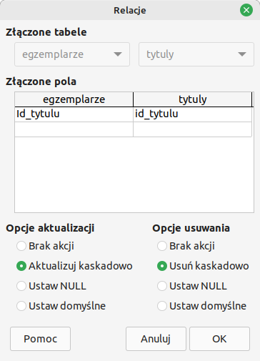 Ilustracja ukazuje okno o nazwie: Relacje. W opcji Załączone tabele dwa pola są nieaktywne. W opcji Załączone pola w egzemplarzach wpisano Id_tytulu, w tytulach wpisano id_tytulu. W Opcjach aktualizacji zaznaczono: Aktualizuj kaskadowo. W Opcjach usuwania zaznaczono Usuń kaskadowo. Na dole okna przyciski: Pomoc, Anuluj, OK.   