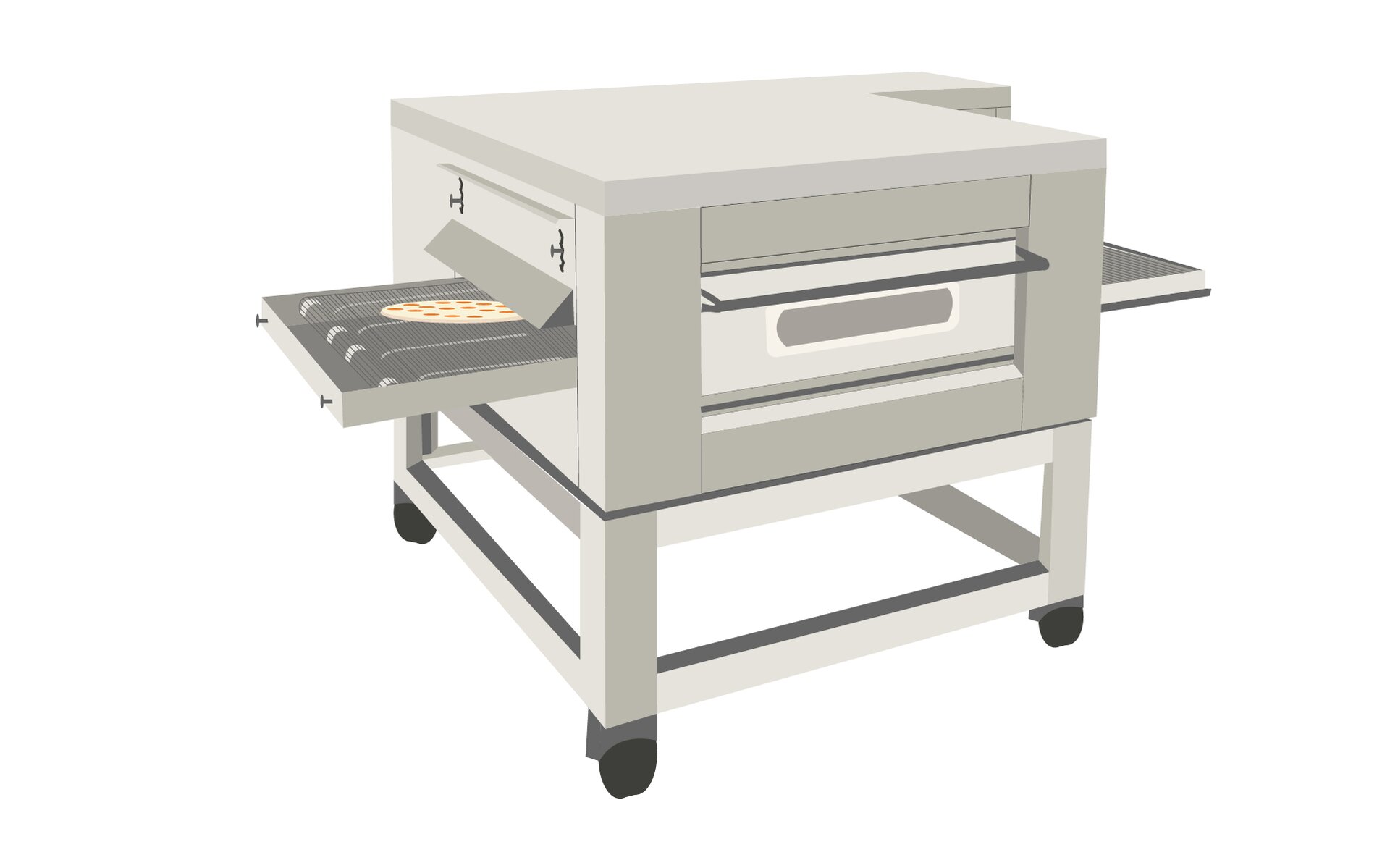 Ilustracja przedstawia stojący na czterech nogach piec do pizzy. Obudowa urządzenia wykonana ze stali nierdzewnej. W centralnej części zamontowano ruchomy blat poruszający się z lewej strony do prawej. Po lewej stronie na blacie leży pizza. 