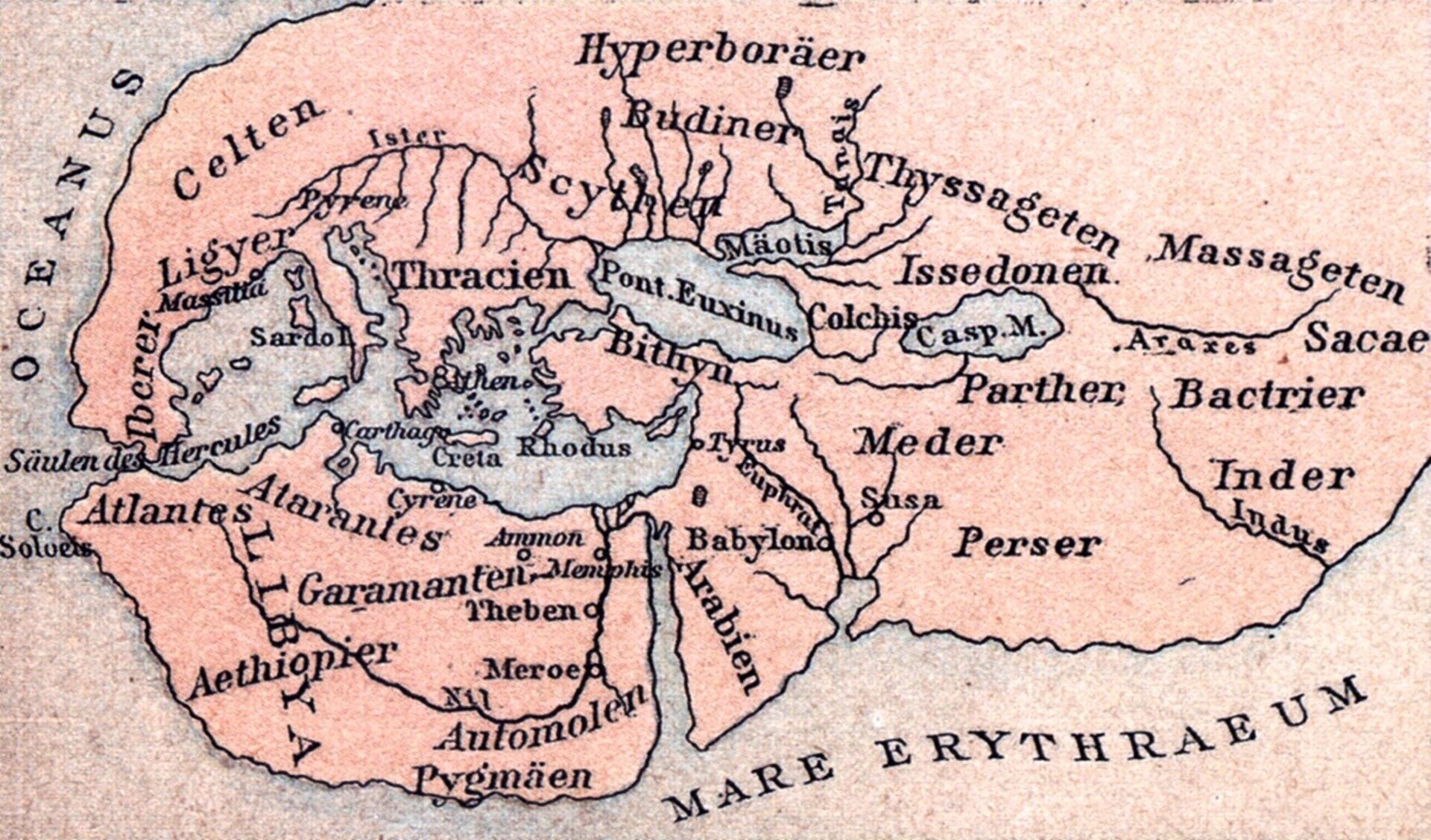 Mapa przedstawia świat znany w czasach Herodota. To głównie obszar dzisiejszego basenu Morza Śródziemnego.