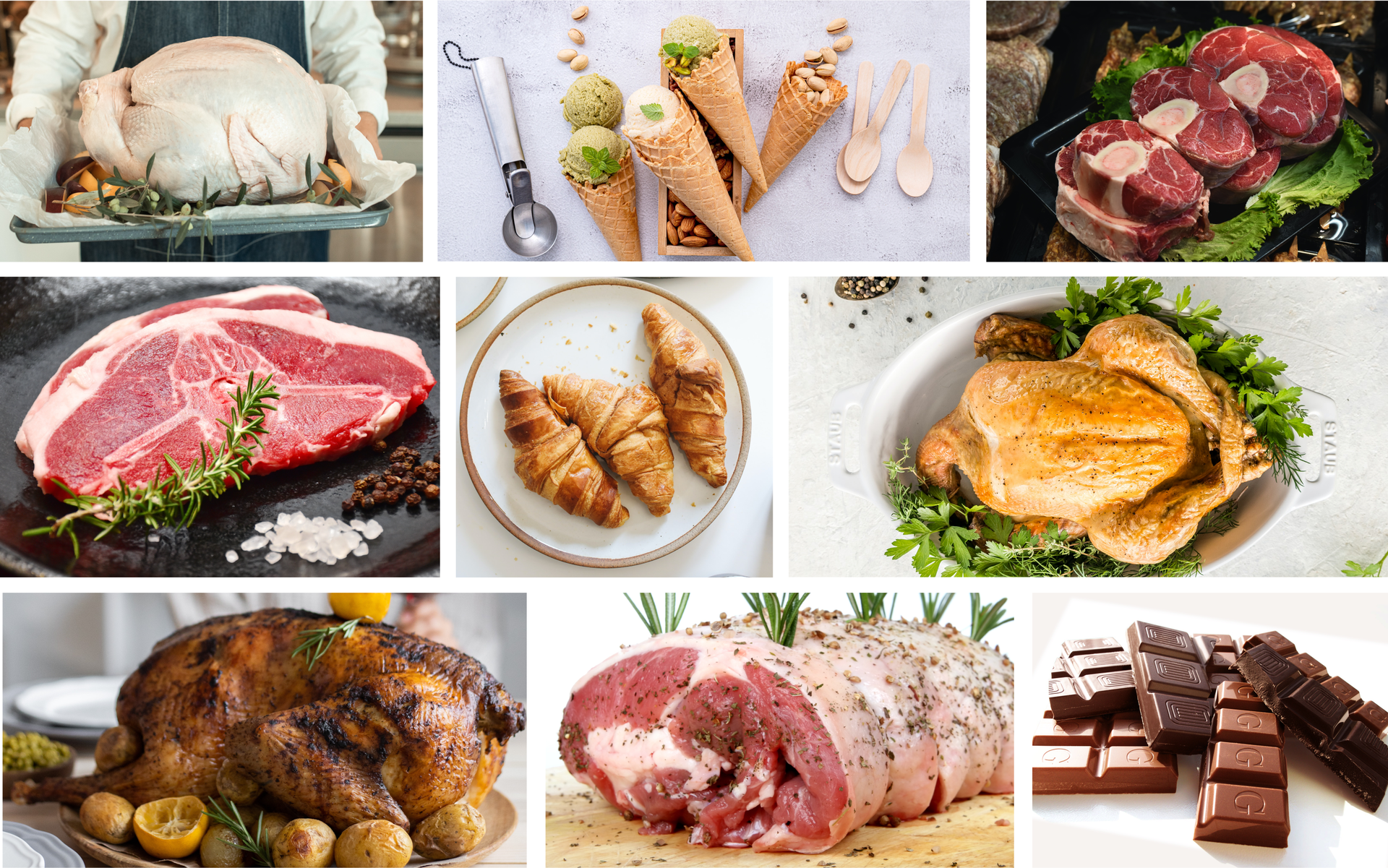 Grafika składa się z dziewięciu zdjęć przedstawiających różne rodzaje mięsa i słodyczy: kurczaka, indyka, kaczkę, wołowinę, wieprzowinę, jagnięcinę, rogaliki, lody, czekoladę.