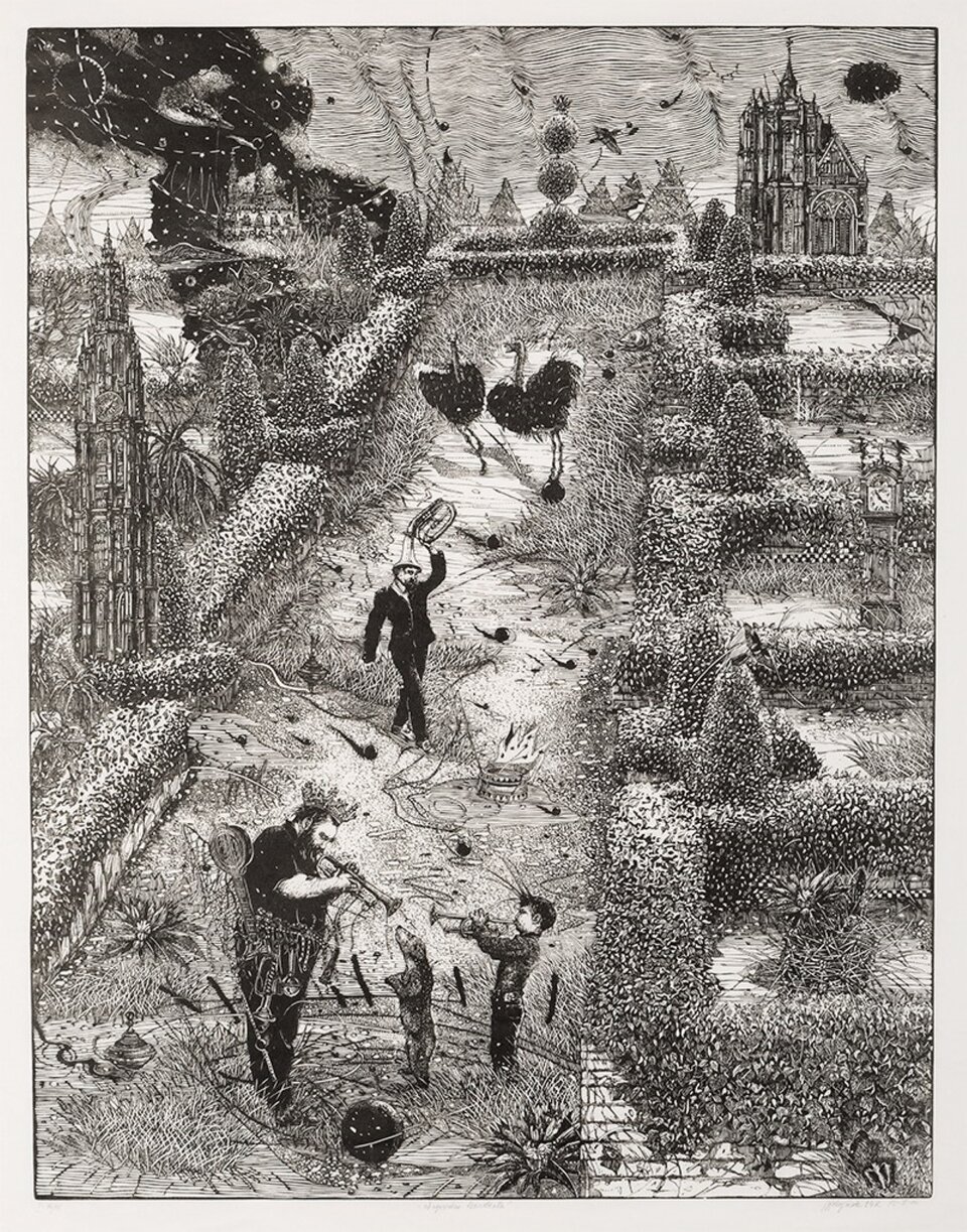 Ilustracja przedstawia linoryt. Przedstawiono na nim fantastyczny ogród z formowanymi żywopłotami i miniaturowymi zamkami. Na pierwszym planie ukazani są dwaj muzykanci, mężczyzna i chłopiec, którzy grają na trąbkach tańczącemu psu. Za nimi idzie mężczyzna z puzonem na głowie, a za nim biegną dwa strusie. W oddali bajkowe zamki i niebo z morskimi falami zamiast chmur.