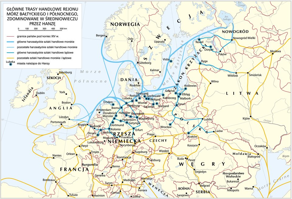 Ilustracja przedstawia mapę Europy z zaznaczonymi głównymi morskimi szlakami handlowymi na Morzu Bałtyckim i Północnym zdominowane w Średniowieczu przez Hanzę.   Główne hanzeatyckie szlaki handlowe morskie biegną po Morzu Północnym i Bałtyckim. Przebiegają one między Irlandią, Anglią, Szkocją, Francją i Hiszpanią oraz Norwegią, Szwecją, Danią, Nowogrodem, Zakonem Krzyżackim, Litwą, Polską i Rzeszą Niemiecką. Najwięcej miast należących do Hanzy leć na północnych terenach Europy Środkowej i Wschodniej.  Główne hanzeatyckie szlaki handlowe lądowe przebiegają między miastami Lwów, Lublin, Kraków, Wrocław, Toruń, Malbork, Elbląg, Królewiec, Gdańsk, Greifswald, Norymberga, hanower, Brunszwik, Hamburg, Dortmund, Kolonia, Bruksela, Brugia, Londyn.  Na mapie oznaczono pozostałe szlaki handlowe morskie i lądowe. Biegną one przez wszystkie kraje Europy zachodniej, Środkowej, Wschodniej, Bliskiego Wschodu.