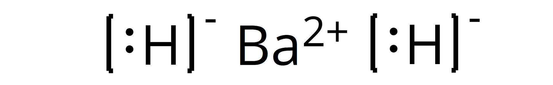 Ilustracja przedstawiająca wzór strukturalny wodorku zbudowanego z kationu baru Ba2+, otoczonego z dwóch stron przez dwa aniony wodorowe reprezentowane przez symbol wodoru H z narysowaną parą elektronową w postaci dwóch kropek, który to znajduje się w nawiasie kwadratowym, względem którego w indeksie górnym znajduje się znak minus.