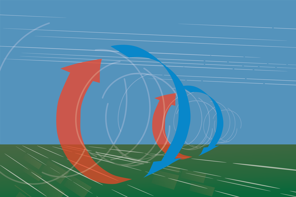 Grafika przedstawia wir złożony z mas powietrza. Ciepłe powietrze z lewej strony napływa na górę a zimne z lewej opada.