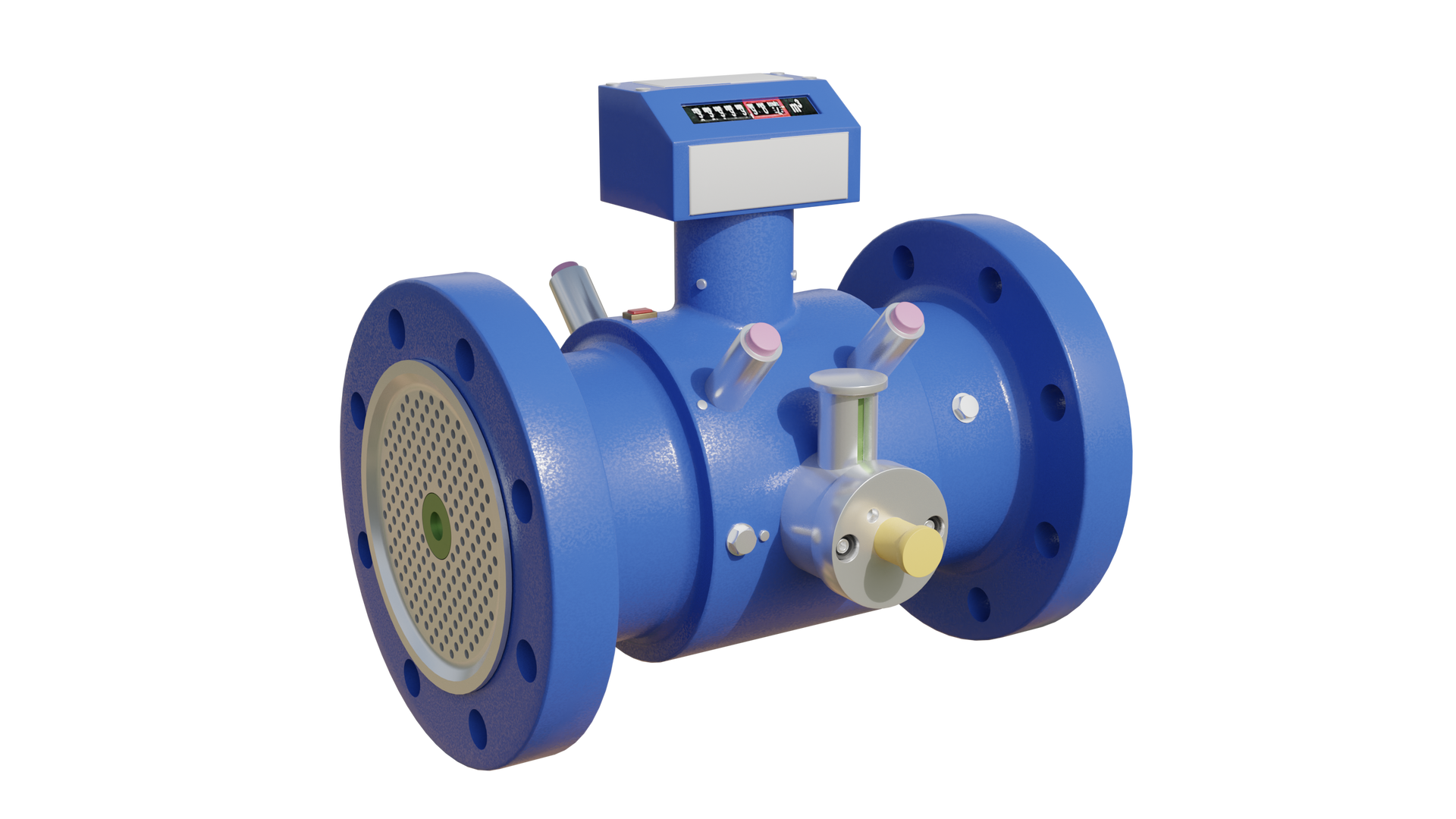 Ilustracja przedstawia gazomierz turbinowy. Gazomierz turbinowy działa na zasadzie proporcjonalności prędkości obrotowej wirnika turbiny do prędkości liniowej, a więc i strumienia objętości przepływającego gazu w określonym zakresie wielkości przepływu. Gazomierz turbinowy wyglądem przypomina szpulę w pozycji poziomej. Środkowa część szpuli jest pogrubiona. Z lewej i prawej strony przy krawędziach szpuli znajdują się okrągłe otwory. Środkowa część szpuli zakryta jest kierownicą strugi z drobnymi otworami. Z centralnej części szpuli poprowadzona pionowo w górę jest szyjka. Na szczycie szyjki znajduje się element w kształcie ściętego prostopadłościanu. Na ścięciu znajduje się licznik. Z centralnej części szpuli poziomo wychodzi cylinder, z którego w pionowo w górę poprowadzona jest kolejna szyjka. Dookoła szyjki z licznikiem znajdują się cztery cylindryczne bolce.