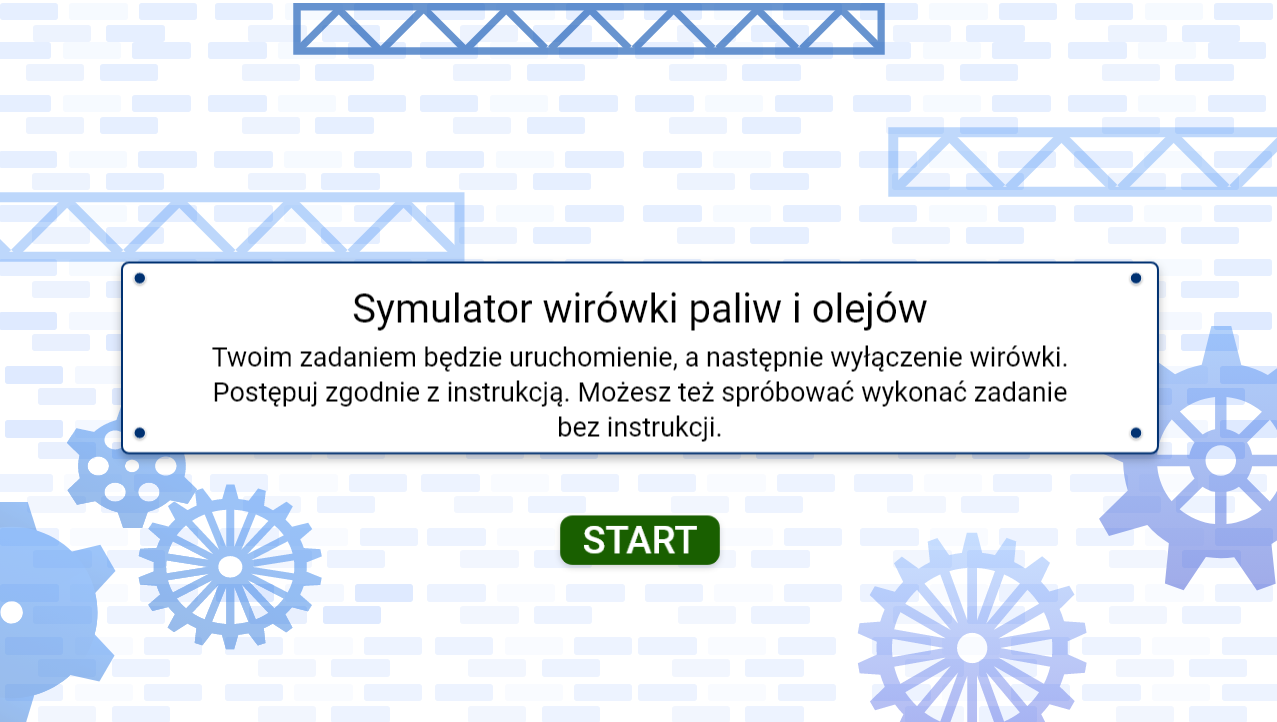 Grafika przedstawia przykładowy ekran startowy symulatora. Widnieje na nim plansza zawierająca tytuł i polecenie. Pod nią znajduje się przycisk START.