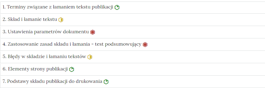 Grafika przedstawia widok interaktywnego materiału sprawdzającego, czyli zbioru poszczególnych zadań w formie listy z nazwami zadań, gdzie po kliknięciu w nazwę zadania pojawi się jego zawartość. Na liście, na prawo od nazwy każdego zadania widnieje ikonka informująca o poziomie trudności danego zadania.