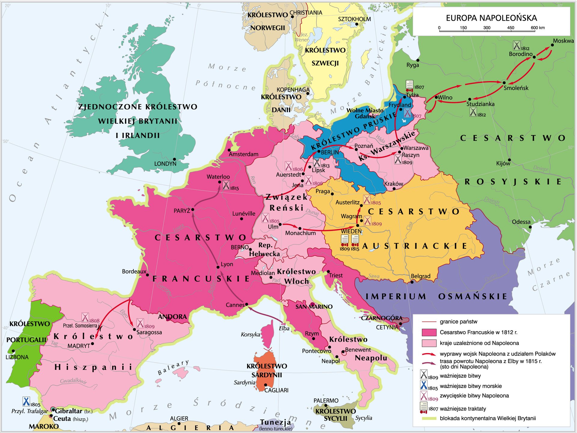 Mapa Europy w czasach napoleońskich, z zaznaczeniem m.in. najważniejszych bitew i zwycięstw Napoleona.