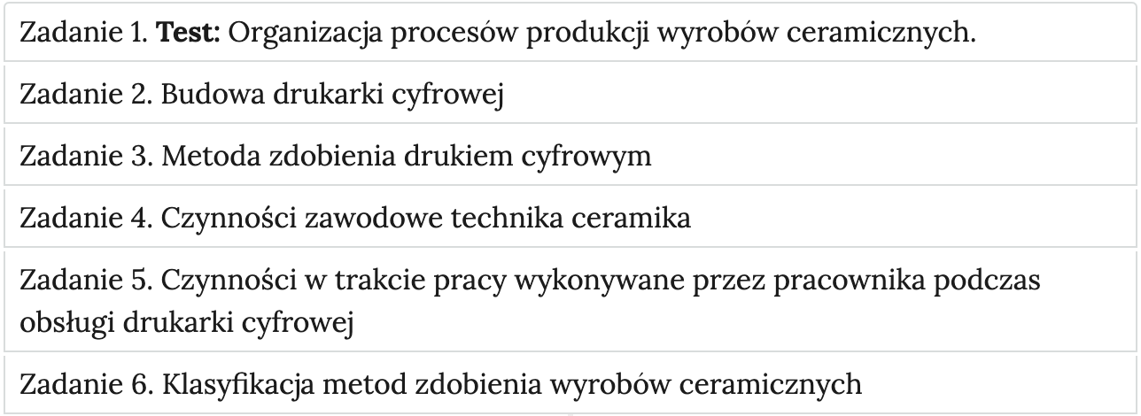 Grafika przedstawia widok ćwiczeń do wyboru, element interaktywnych materiałów sprawdzających. W poszczególnych zakładkach wypisane są tytułu ćwiczeń i zagadnień, których dotyczą.