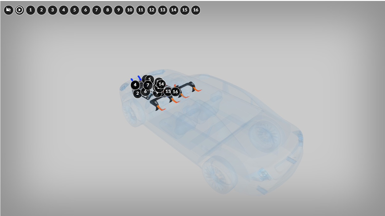 Grafika przedstawia przykładowy widok wizualizacji 3D. Widoczny jest model systemu instalacji chłodniczej w samochodzie. Na modelu znajdują się okrągłe, ponumerowane znaczniki.