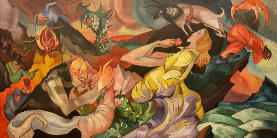 Obraz przedstawia nierzeczywistą scenę. Widoczne są różne fantastyczne istoty. Ich kształty przenikają przez siebie. Istoty mają twarze przypominające ludzkie i dzioby ptaków. Zarówno tło, jak i postaci są kolorowe. Można rozpoznać kobietę w żółtej sukni, bawoła, za którym idzie rolnik, inne postaci ludzkie w tle. Barwy te dynamicznie przenikają się wzajemnie. 